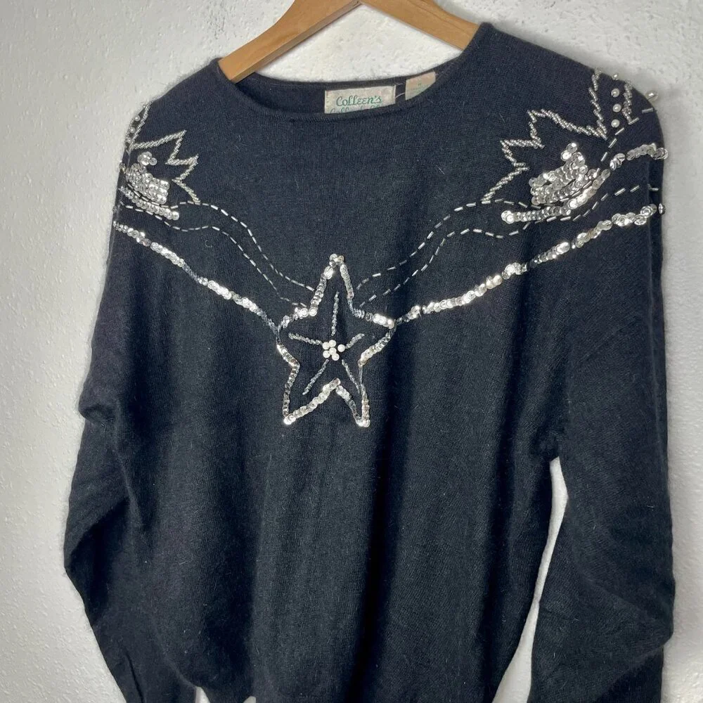 Vintage 80s Angora Rabbit Hair Sweater with Rhinestone and Sequin Embellishments